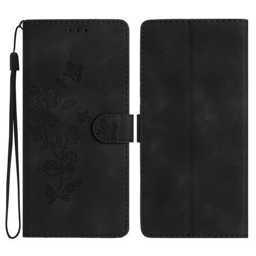 iPhone 17 Pro Max Flower Butterfly Embossing Pattern Leather Phone Case - Black