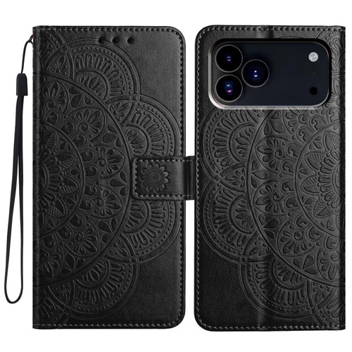 iPhone 17 Pro Max Flower Embossed Leather Phone Case - Black