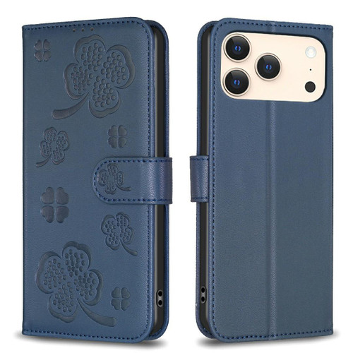 iPhone 17 Pro Max Four-leaf Embossed Leather Phone Case - Blue