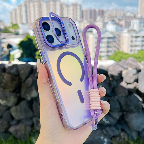 iPhone 17 Pro Max Gradient Discolor MagSafe Phone Case with Holder / Wrist Strap - Purple
