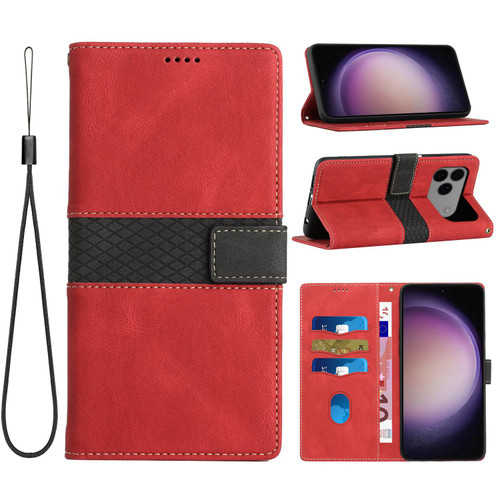 iPhone 17 Pro Max Grid Stitching Leather Phone Case with Lanyard - Red