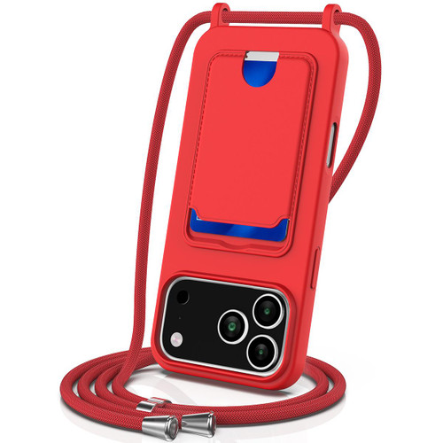 iPhone 17 Pro Max Integrated Card Bag Solid Color Liquid Silicone Phone Case with Lanyard - Red