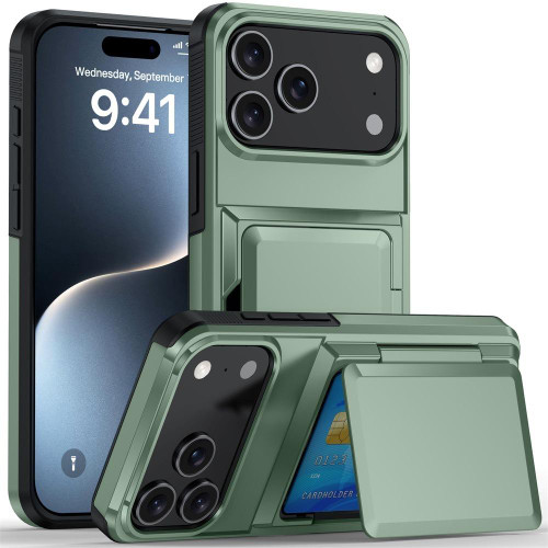 iPhone 17 Pro Max Kalebol Flip Card Wallet Holder Shockproof Phone Case - Army Green