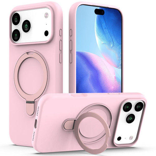 iPhone 17 Pro Max Liquid Silicone MagSafe Magnetic Phone Case with Ring Holder - Grey Pink