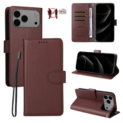 iPhone 17 Pro Max Litchi Texture RFID Blocking 3-Card Wallet Leather Phone Case - Brown