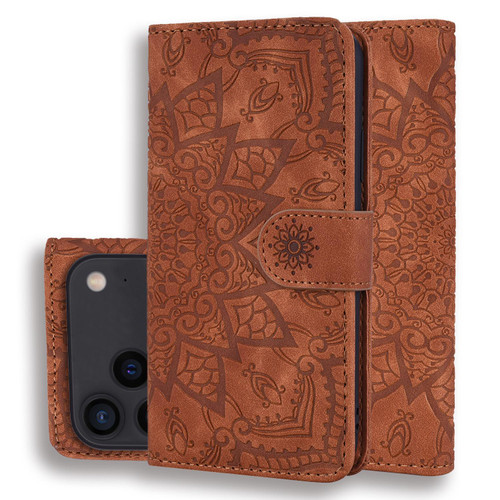 iPhone 17 Pro Max Mandala Embossed Dual-Fold Calf Leather Phone Case - Brown