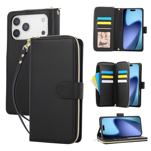 iPhone 17 Pro Max Nine-card Slots Zipper Wallet Bag Leather Phone Case - Black