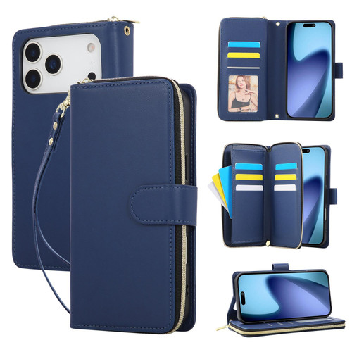 iPhone 17 Pro Max Nine-card Slots Zipper Wallet Bag Leather Phone Case - Blue