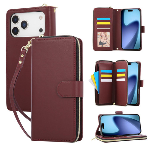 iPhone 17 Pro Max Nine-card Slots Zipper Wallet Bag Leather Phone Case - Wine Red