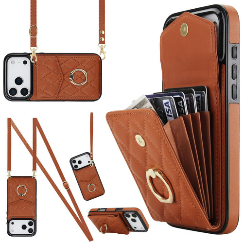 iPhone 17 Pro Max Rhombic Texture Card Bag Phone Case with Long Lanyard - Brown