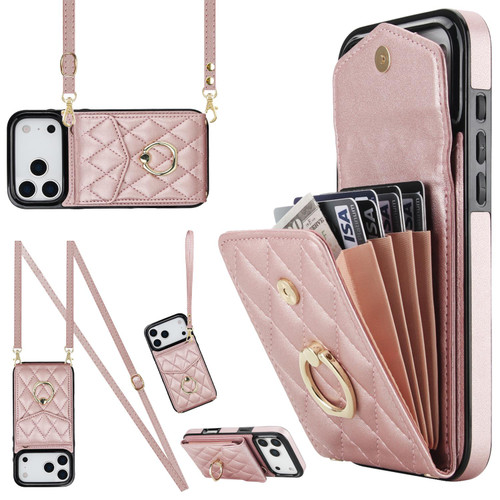 iPhone 17 Pro Max Rhombic Texture Card Bag Phone Case with Long Lanyard - Rose Gold