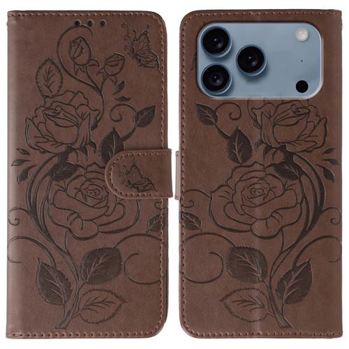 iPhone 17 Pro Max Rose Butterfly Embossed Leather Phone Case - Brown