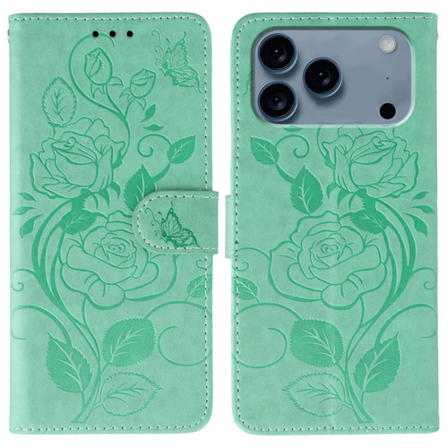 iPhone 17 Pro Max Rose Butterfly Embossed Leather Phone Case - Green