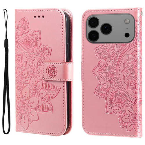 iPhone 17 Pro Max Seven-petal Flowers Embossing Leather Phone Case - Rose Gold