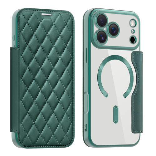 iPhone 17 Pro Max Shield Magsafe RFID Anti-theft Rhombus Leather Phone Case - Green