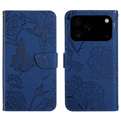 iPhone 17 Pro Max Skin Feel Butterfly Embossed Flip Leather Phone Case - Blue