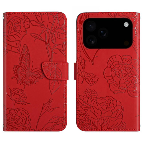 iPhone 17 Pro Max Skin Feel Butterfly Embossed Flip Leather Phone Case - Red
