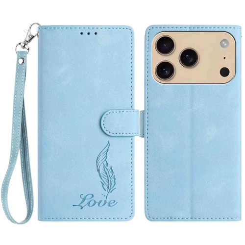 iPhone 17 Pro Max Skin Feel Embossed Feather Leather Phone Case - Light Blue