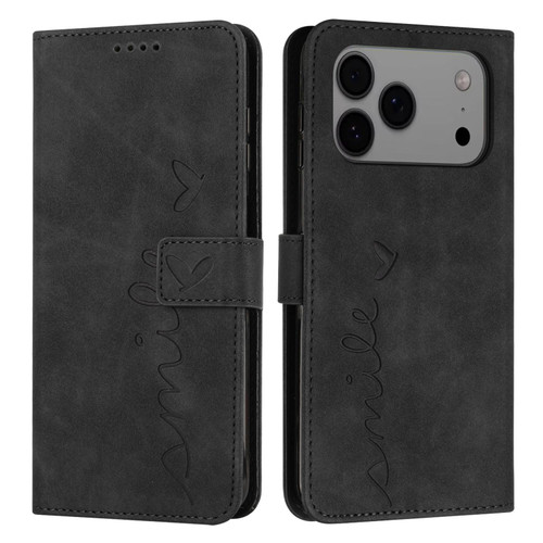 iPhone 17 Pro Max Skin Feel Heart Embossed Leather Phone Case with Long Lanyard - Black