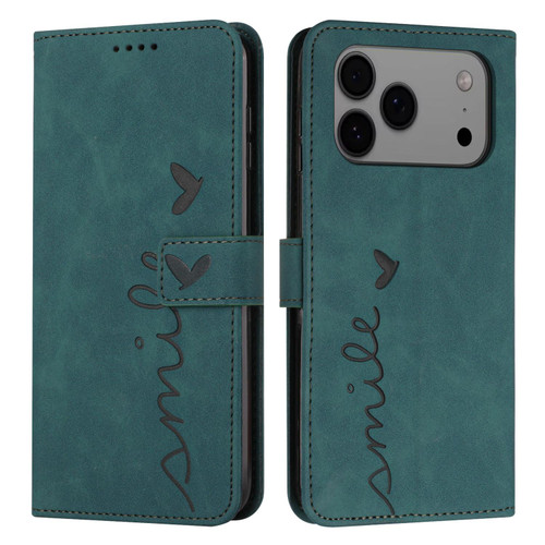 iPhone 17 Pro Max Skin Feel Heart Embossed Leather Phone Case with Long Lanyard - Green