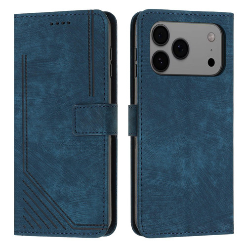 iPhone 17 Pro Max Skin Feel Stripe Pattern Leather Phone Case with Lanyard - Blue