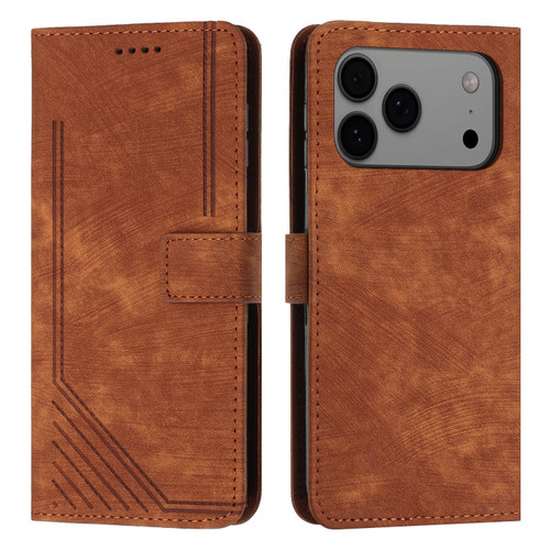 iPhone 17 Pro Max Skin Feel Stripe Pattern Leather Phone Case with Lanyard - Brown