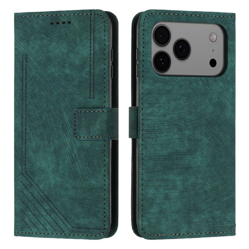 iPhone 17 Pro Max Skin Feel Stripe Pattern Leather Phone Case with Lanyard - Green