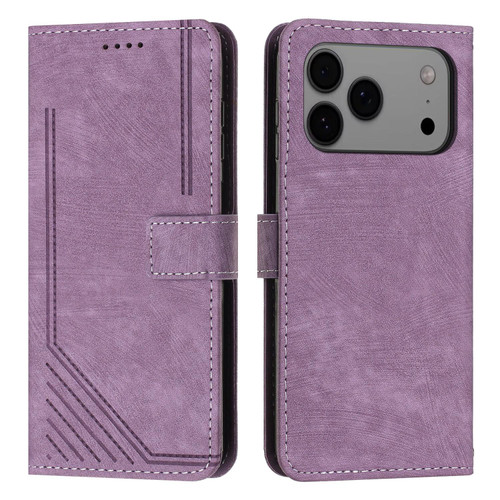iPhone 17 Pro Max Skin Feel Stripe Pattern Leather Phone Case with Lanyard - Purple