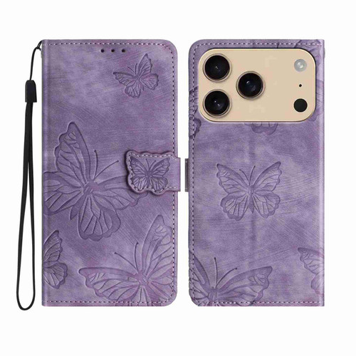 iPhone 17 Pro Max Skin-feel Embossed Butterfly Leather Phone Case - Purple