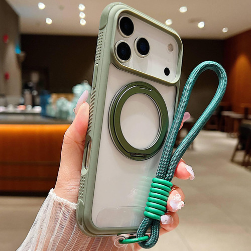 iPhone 17 Pro Max Solid Color Edge Transparency Rotation Holder MagSafe Phone Case with Wrist Strap - Army Green