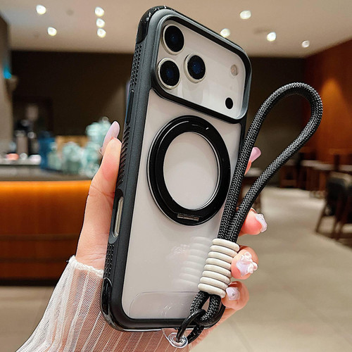 iPhone 17 Pro Max Solid Color Edge Transparency Rotation Holder MagSafe Phone Case with Wrist Strap - Black