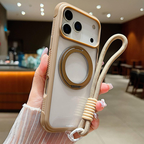 iPhone 17 Pro Max Solid Color Edge Transparency Rotation Holder MagSafe Phone Case with Wrist Strap - Brown