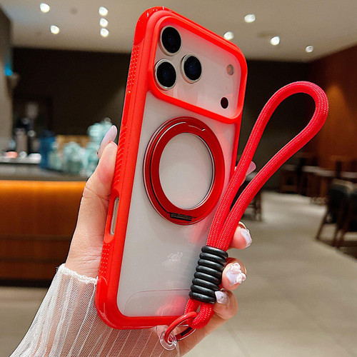 iPhone 17 Pro Max Solid Color Edge Transparency Rotation Holder MagSafe Phone Case with Wrist Strap - Red
