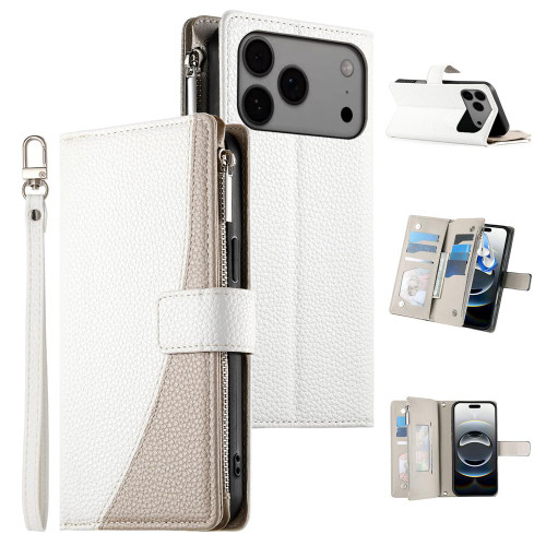 iPhone 17 Pro Max Stitching Multi-card Zipper Wallet Leather Phone Case with Short Strap - White