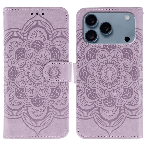 iPhone 17 Pro Max Sun Mandala Embossing Leather Phone Case - Purple