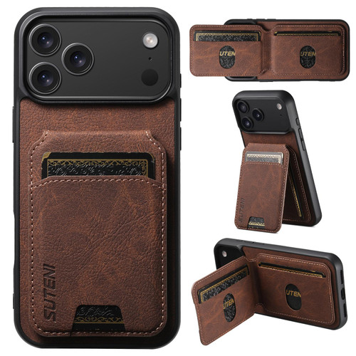 iPhone 17 Pro Max Suteni H02 Litchi Leather Card Wallet Stand Back Phone Case - Brown