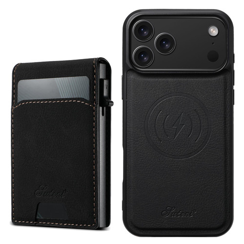iPhone 17 Pro Max Suteni H19 Litchi Grain 2-in-1 MagSafe Removable Card Box Back Phone Case - Black