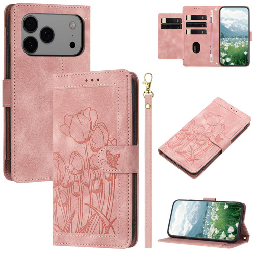 iPhone 17 Pro Max Tulips Embossed Leather Phone Case with Lanyard - Pink