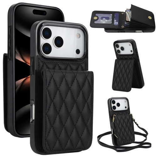 iPhone 17 Pro Max YM015 Crossbody Rhombic Card Bag RFID Phone Case - Black
