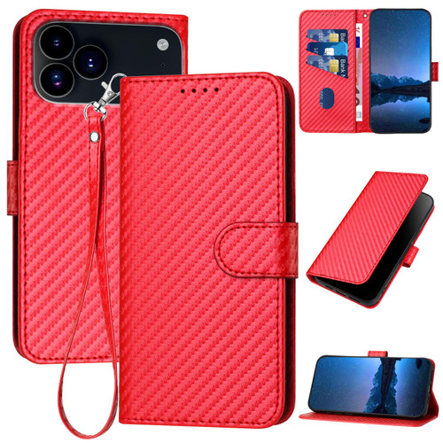 iPhone 17 Pro Max YX0070 Carbon Fiber Buckle Leather Phone Case with Lanyard - Red