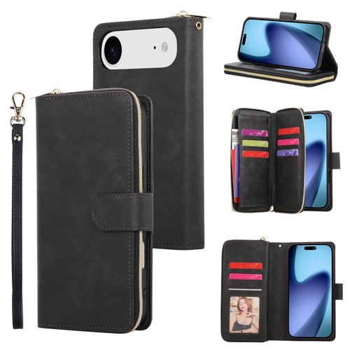 iPhone 17 Air 9 Card Slots Zipper Wallet Bag Leather Phone Case - Black