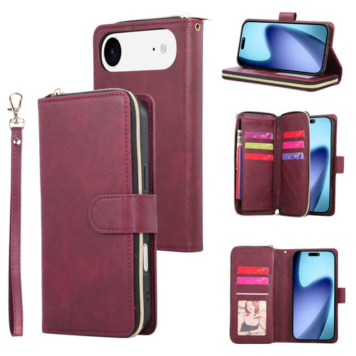 iPhone 17 Air 9 Card Slots Zipper Wallet Bag Leather Phone Case - Wine Red