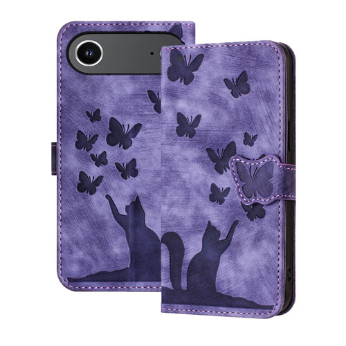 iPhone 17 Air Butterfly Cat Embossing Flip Leather Phone Case - Purple