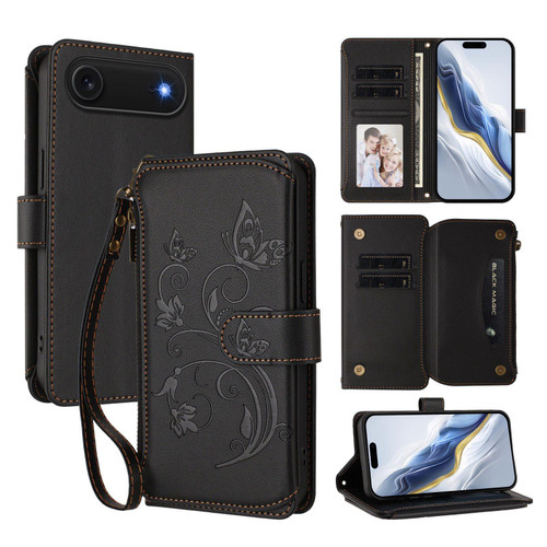 iPhone 17 Air Butterfly Love Flower Multi-card Zipper Wallet Leather Phone Case - Black