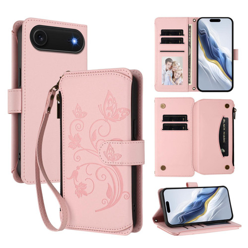 iPhone 17 Air Butterfly Love Flower Multi-card Zipper Wallet Leather Phone Case - Pink