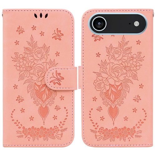 iPhone 17 Air Butterfly Rose Embossed Leather Phone Case - Pink