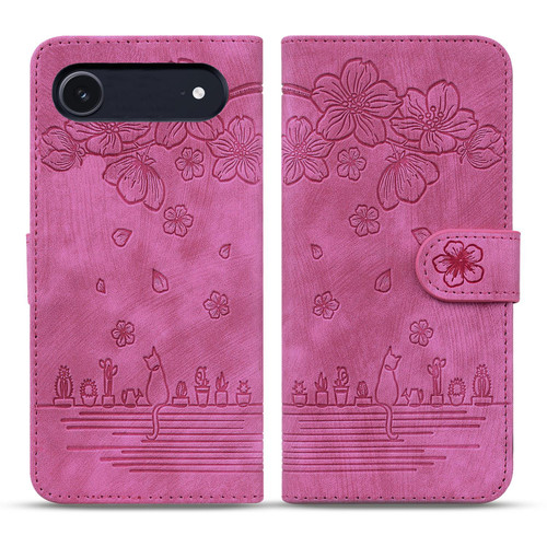 iPhone 17 Air Cartoon Sakura Cat Embossed Leather Phone Case - Rose Red