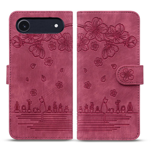 iPhone 17 Air Cartoon Sakura Cat Embossed Leather Phone Case - Wine Red