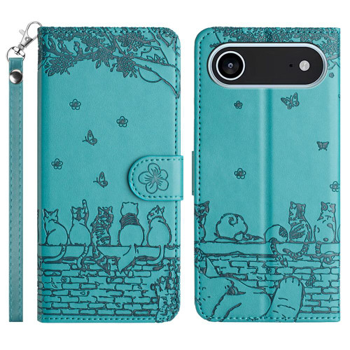 iPhone 17 Air Cat Embossing Pattern Leather Phone Case with Lanyard - Blue