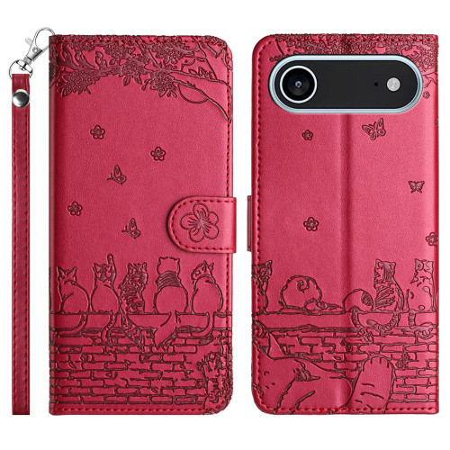 iPhone 17 Air Cat Embossing Pattern Leather Phone Case with Lanyard - Red